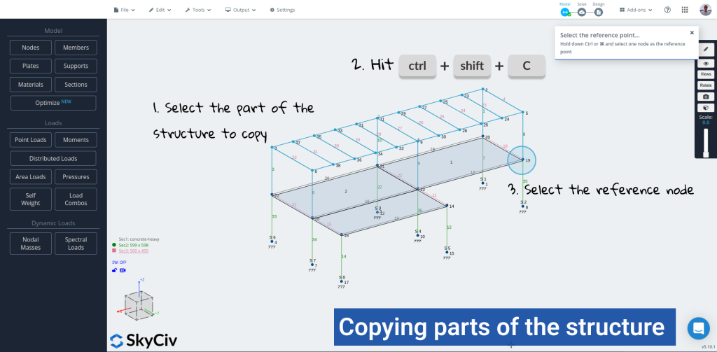 SkyCiv S3D copy structure and select the reference node on the screen