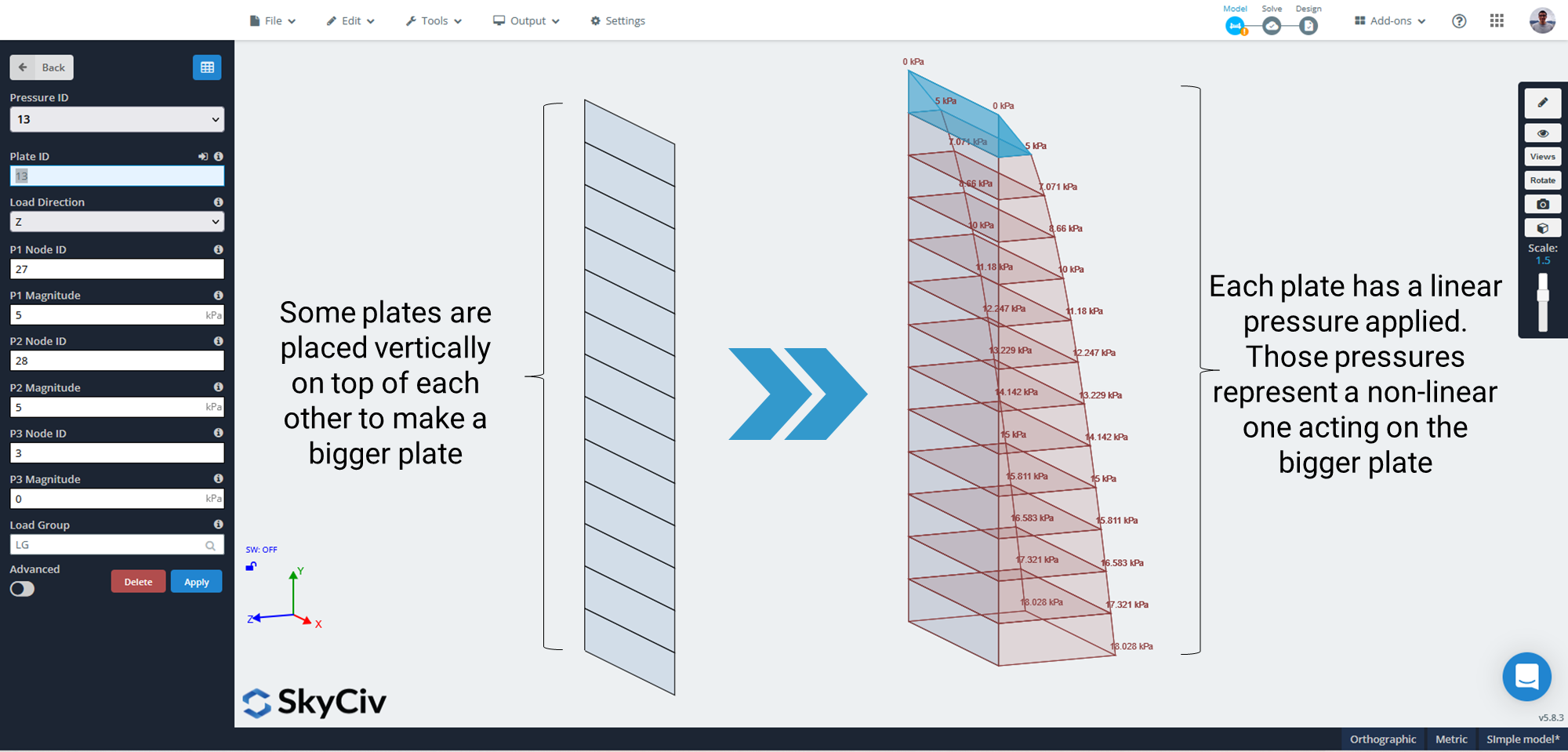 SkyCiv S3D showing a non linear pressure on a plate