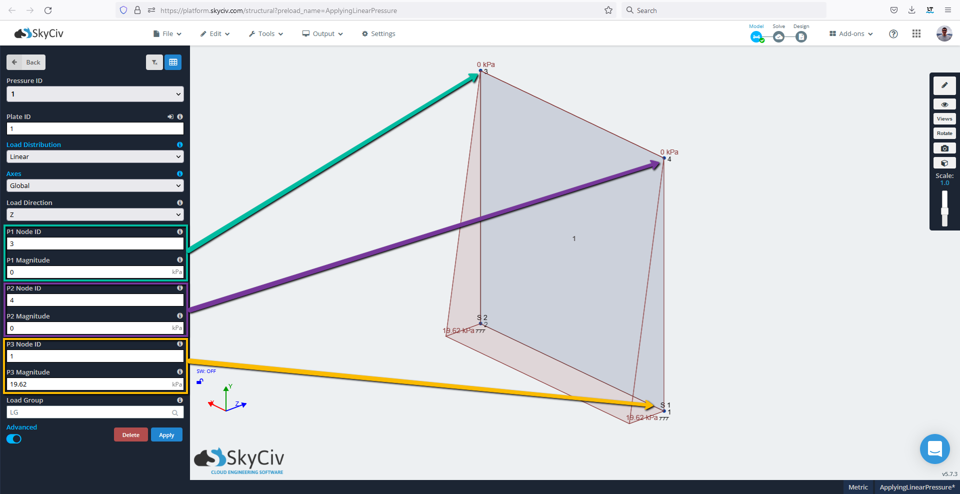 SkyCiv S3D showing how to apply linear or variable pressure - Nodes with arrows