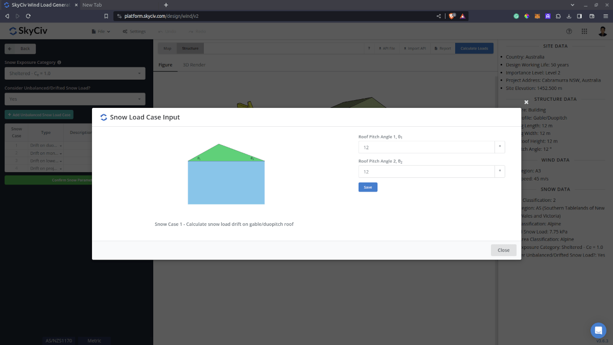 Drifted snow load input for gable roof
