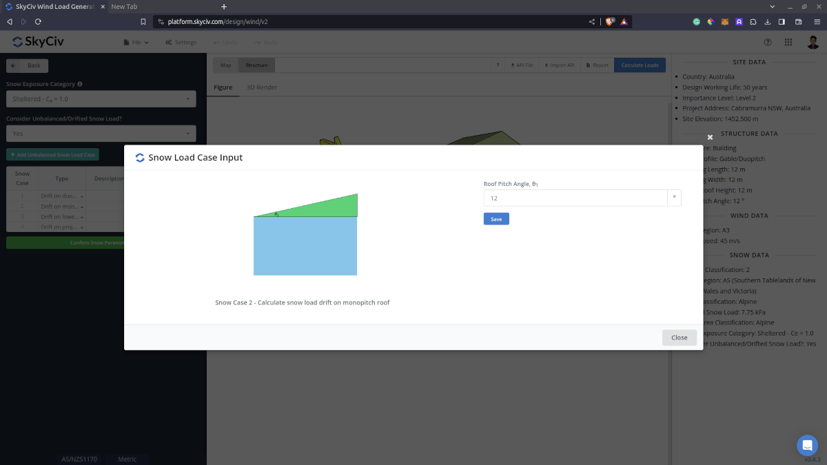 Drifted snow load input for monoslope roof