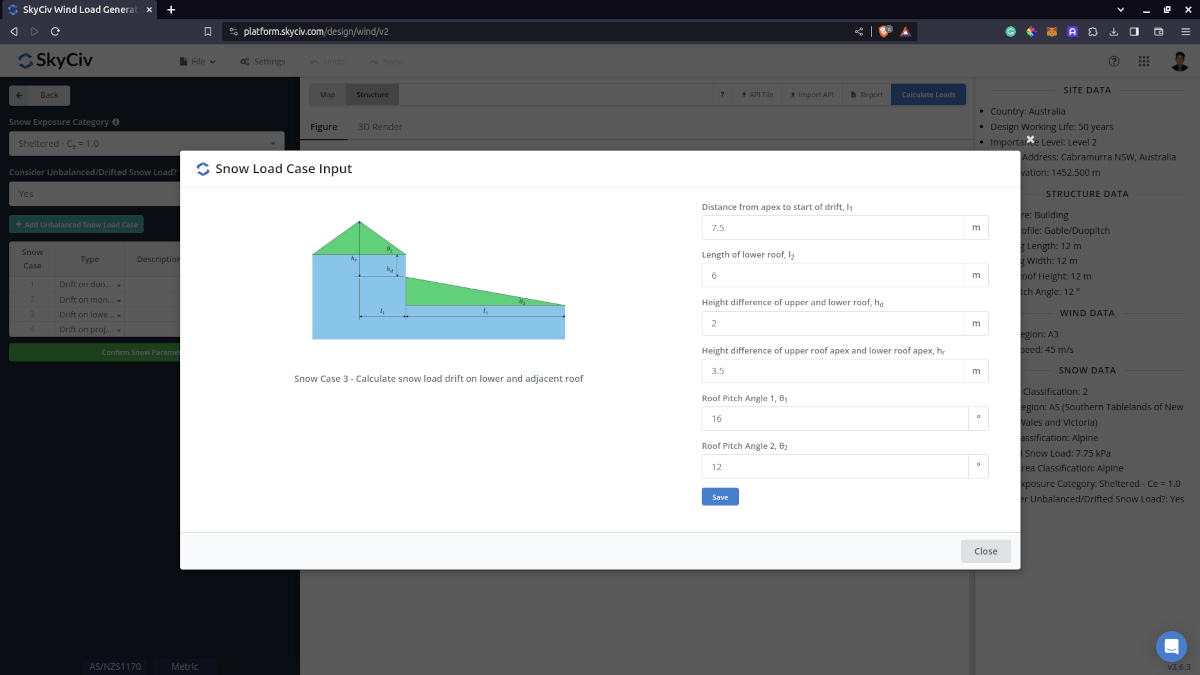 Drifted snow load input on lower roof
