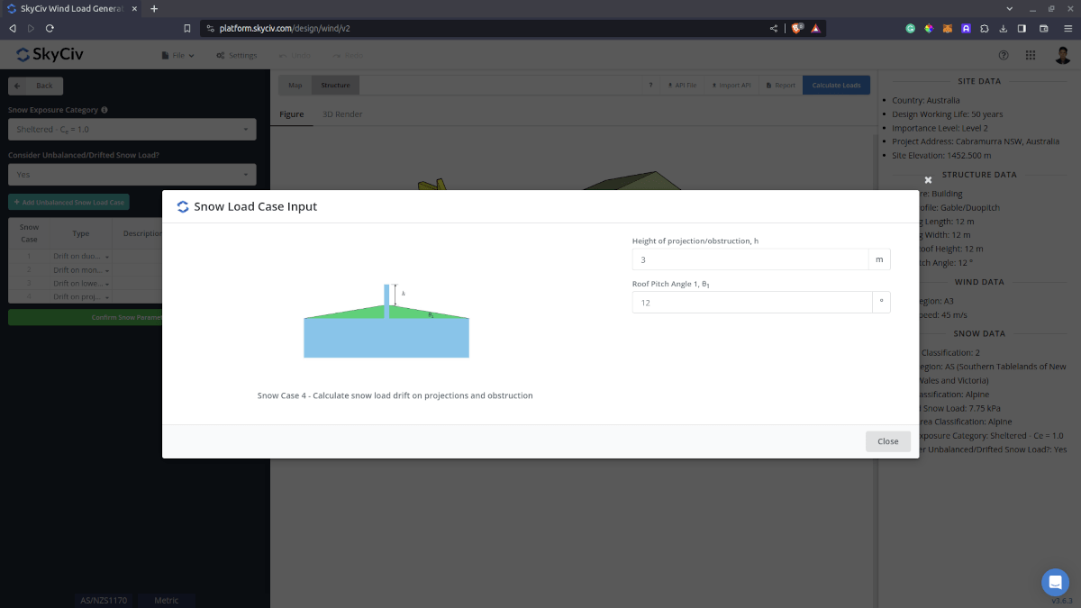 Drift snow load input parameters on projections and obstruction