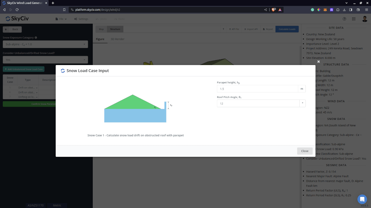 Drift snow load input parameters on obstructed roof with parapet