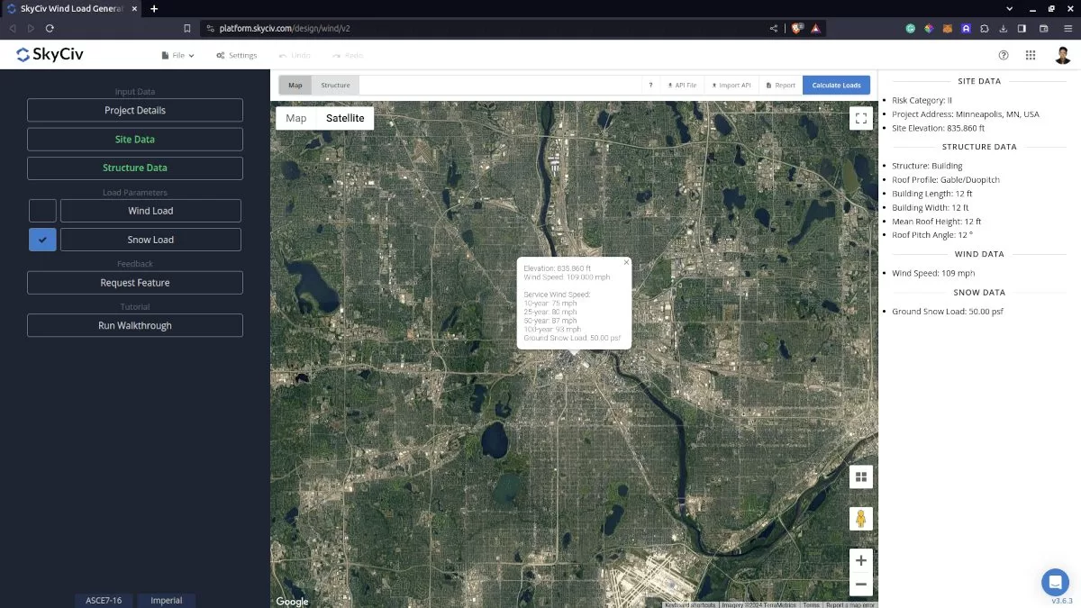SkyCiv Load Gen snow load checkbox