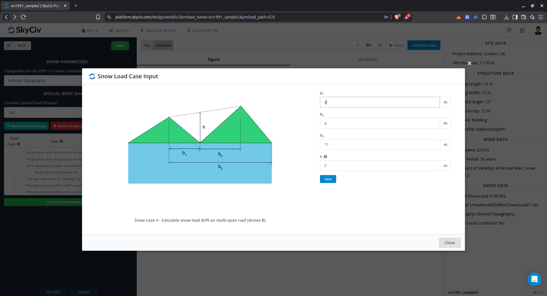 Input parameters for snow load drift on multispan roof using Annex B of EN 1991-1-3