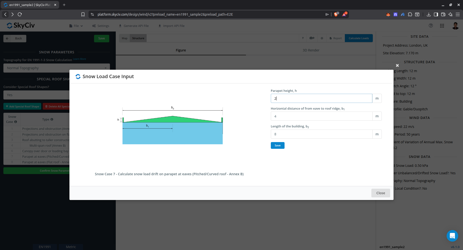 Input parameters for snow load drift on parapet at eaves of pitched or curved roof using Annex B