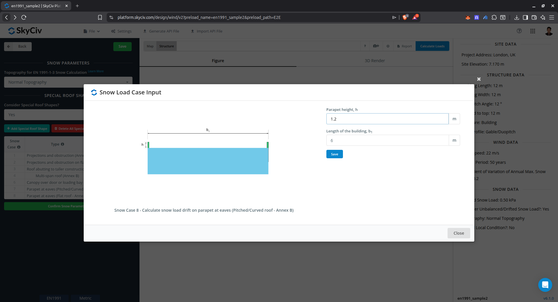 Input parameters for snow load drift on parapet at eaves of flat roof using Annex B