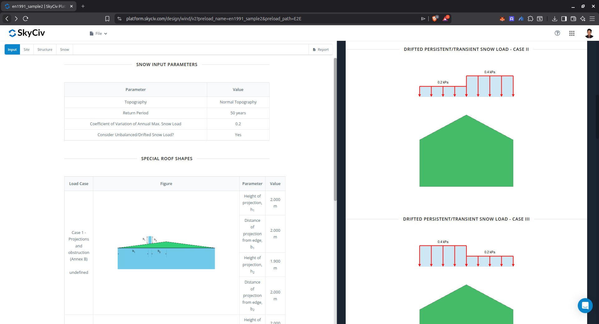 Snow load parameters and results for the selected roof profile
