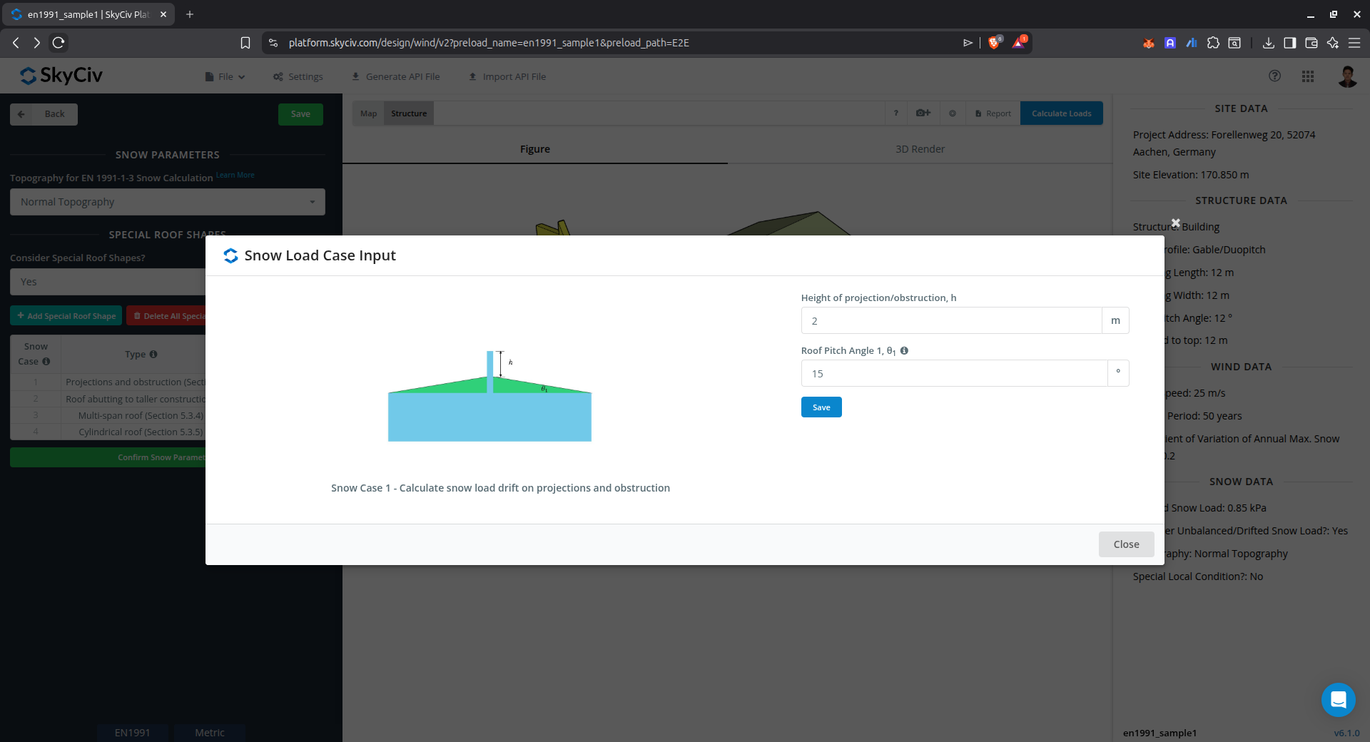 Drifted snow load input parameters on projections