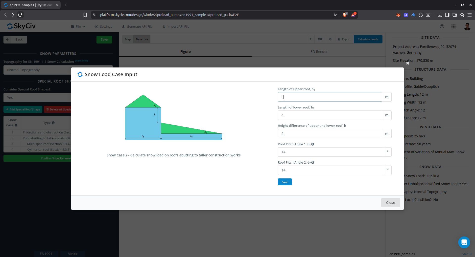 Drifted snow load input parameters for roof abutting to taller construction