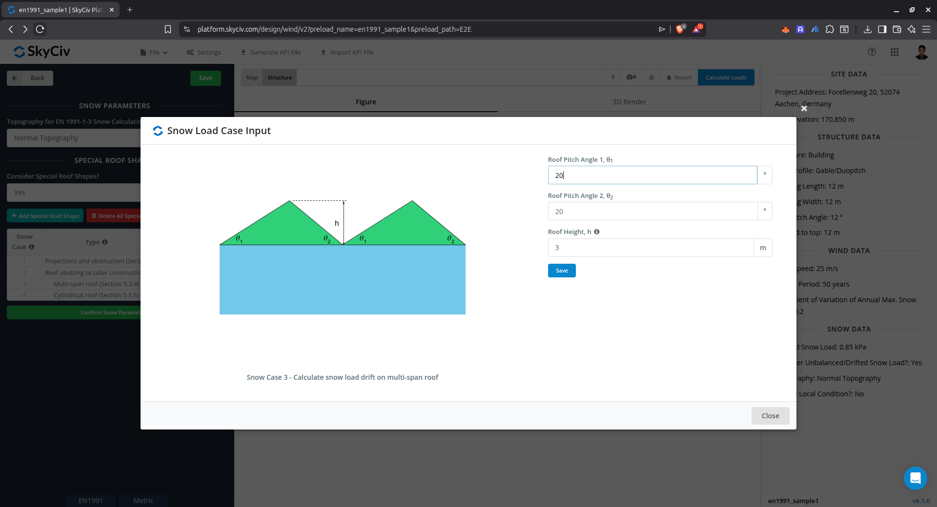 Input parameters for snow load drift on multispan roof