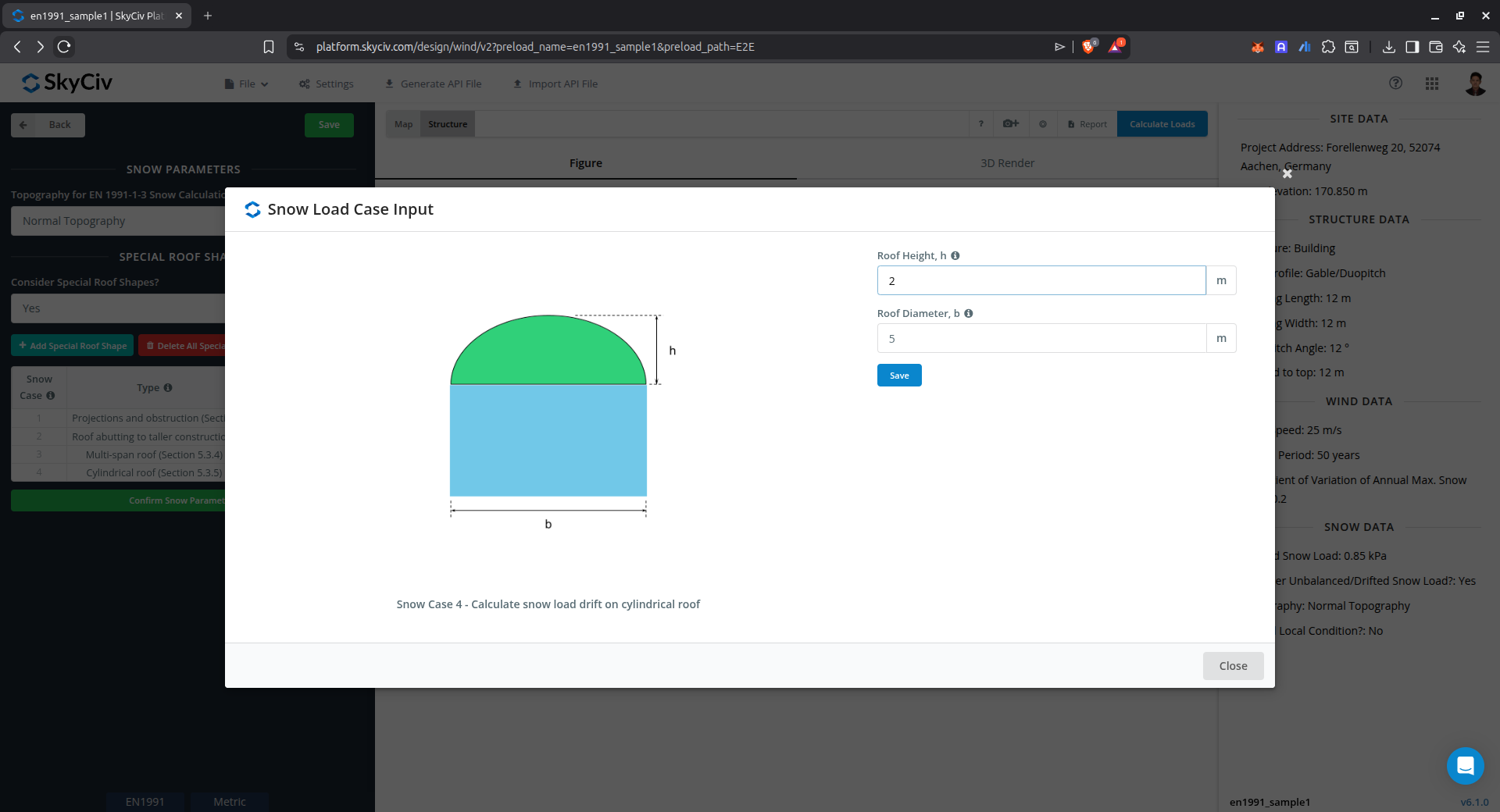 Input parameters for snow load drift on cylindrical roof