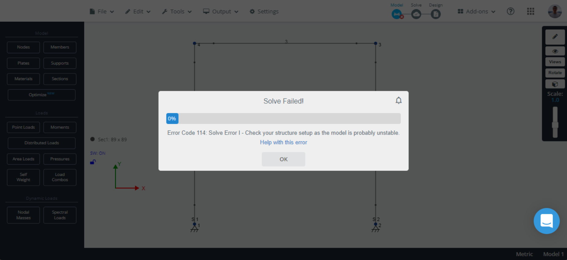SkyCiv S3D showing instability error at solve time