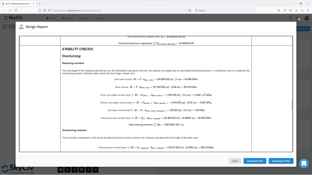 SkyCiv Retaining Wall Overturning Calculation Report Gravity retaining wall design software