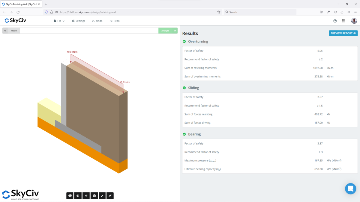 SkyCiv Retaining Wall Results Gravity retaining wall design software