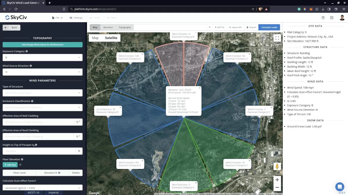 Wind load calculator, site analysis