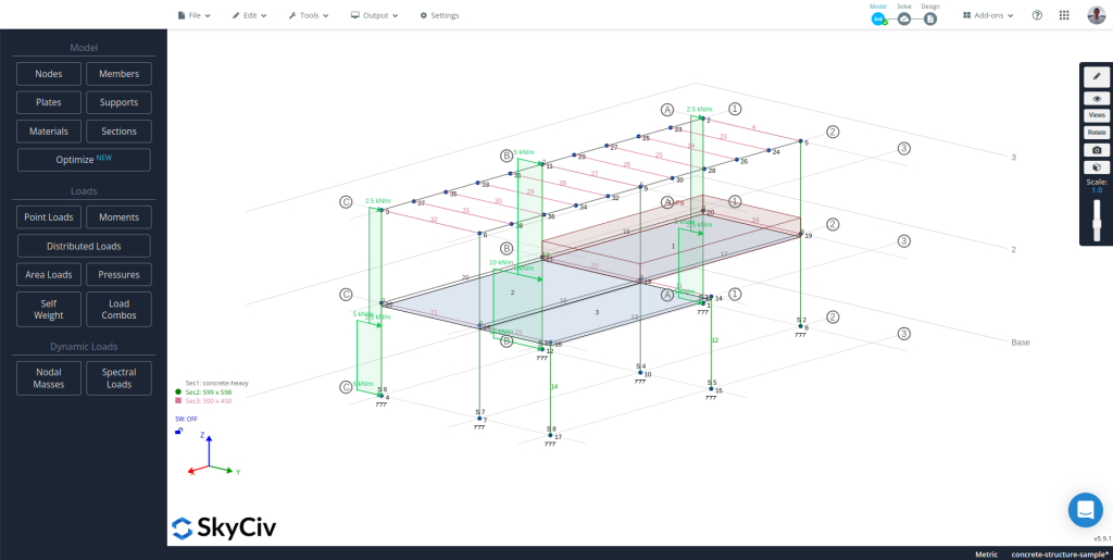 SkyCiv S3D showing a model with levels and gridlines