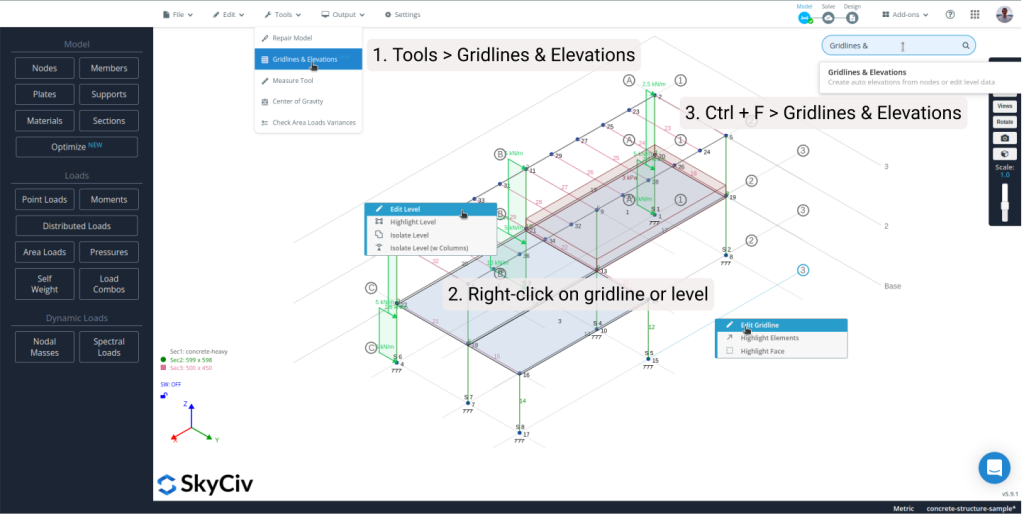SkyCiv S3D showing how to access gridlines and elevations module