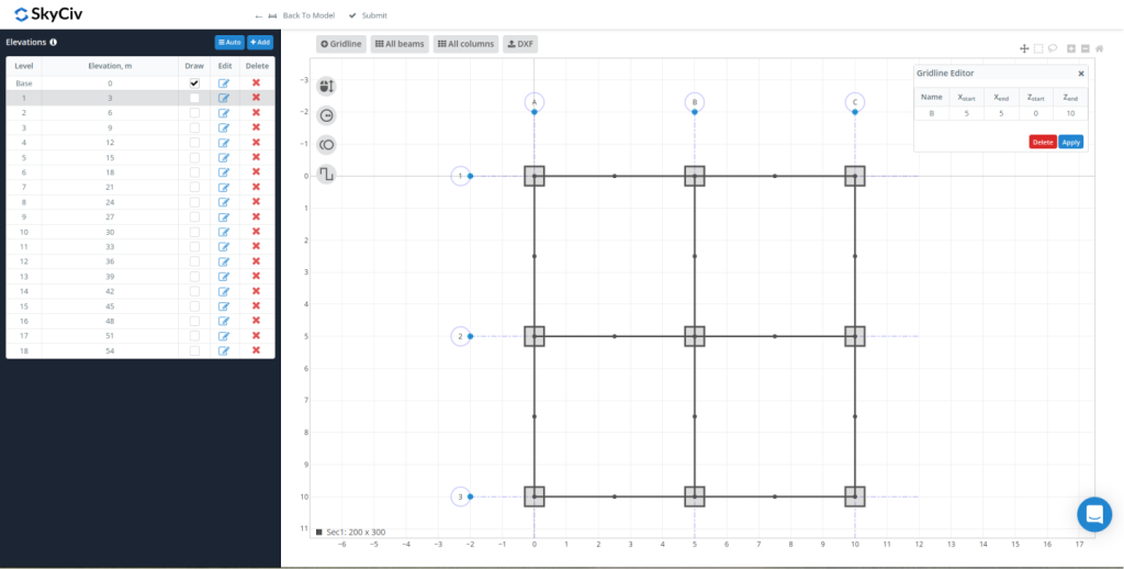 SkyCiv S3D showing the gridlines and elevations graphical editor