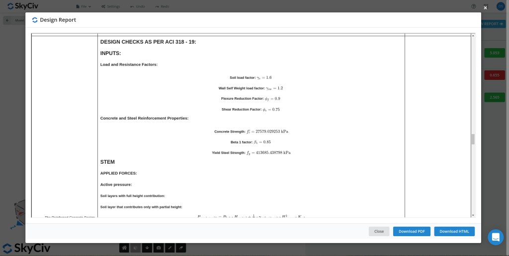 SkyCiv concrete retaining wall showing detailed report for design checks as per ACI