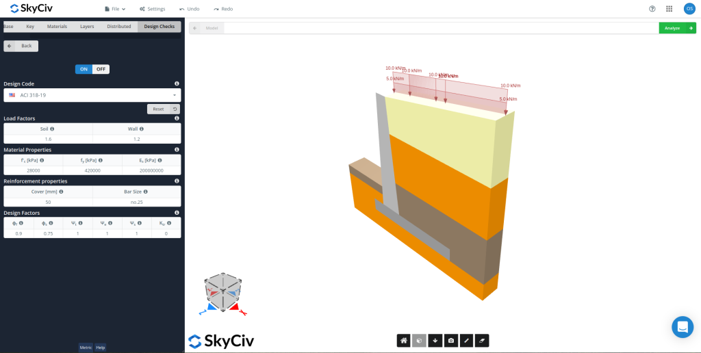 SkyCiv concrete retaining wall showing input for design checks as per ACI