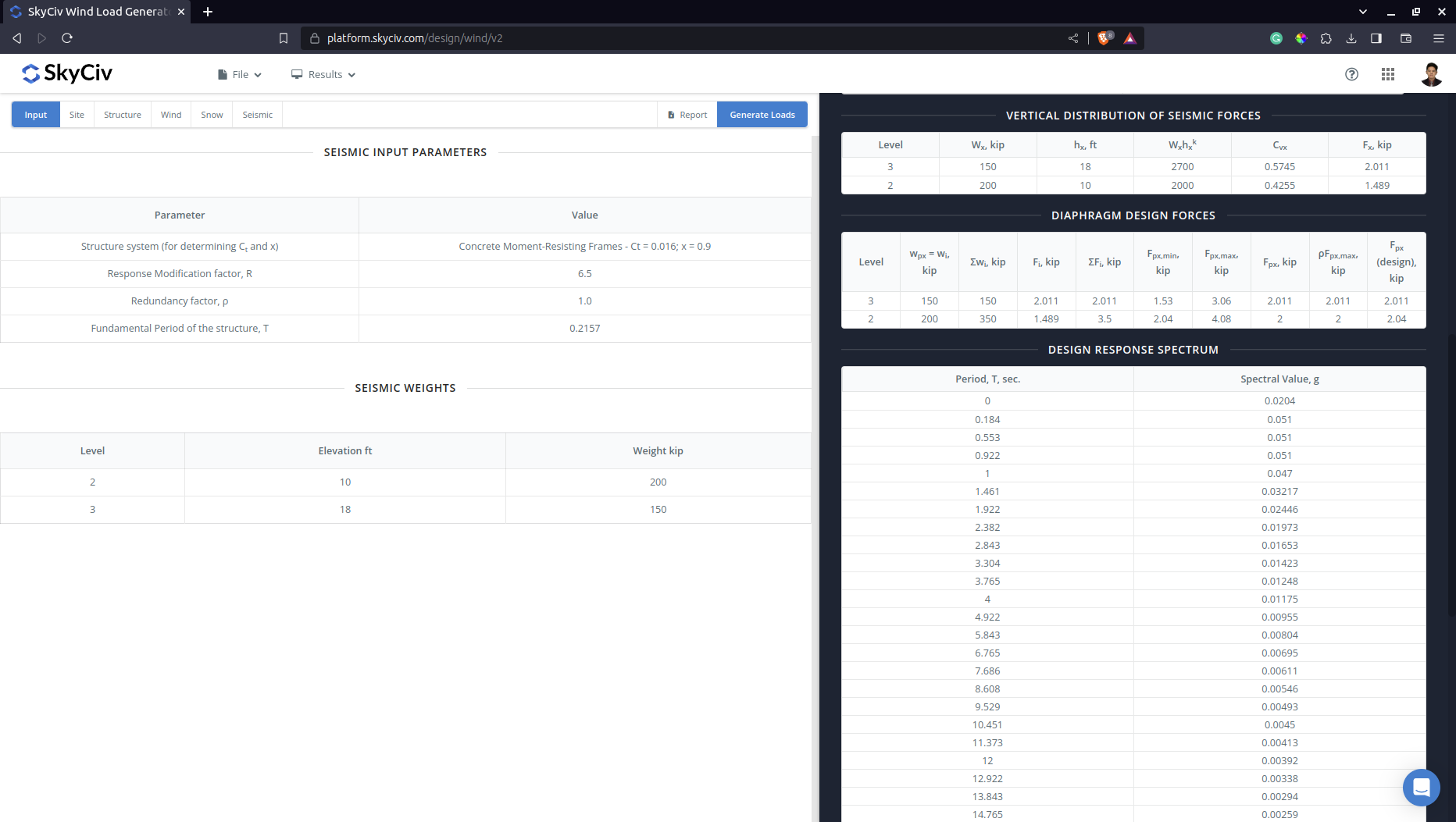 SkyCiv Seismic Load Results SkyCiv Load Generator Seismic Load Calculations
