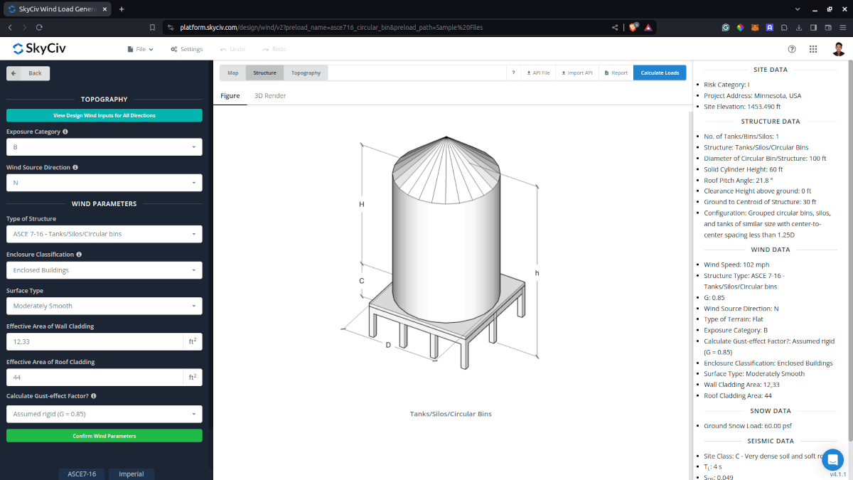 Wind load calculations for Circular bins/silos/tanks